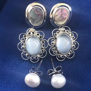 Lot of 3 Pairs Stud Post Earrings Moonstone Pearl Abalone  Pierced Earrings
